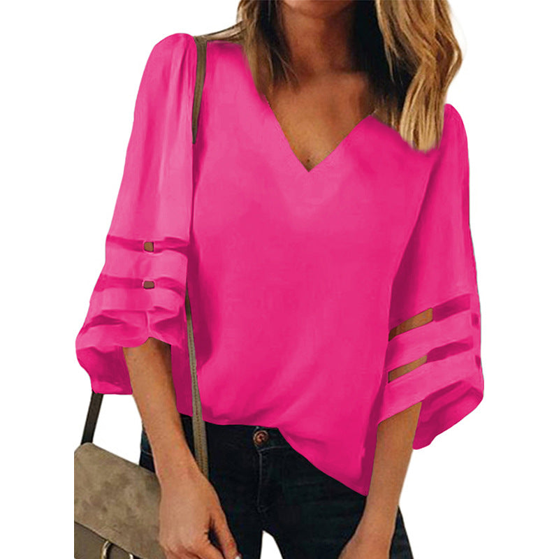 BLENCOT Blusa de retazos de encaje con cuello en V y manga de campana 3/4 para mujer