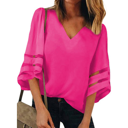 BLENCOT Blusa de retazos de encaje con cuello en V y manga de campana 3/4 para mujer