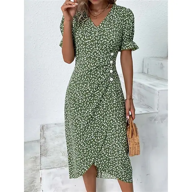 Vestido casual de manga corta con estampado de botones y cuello en V para mujer